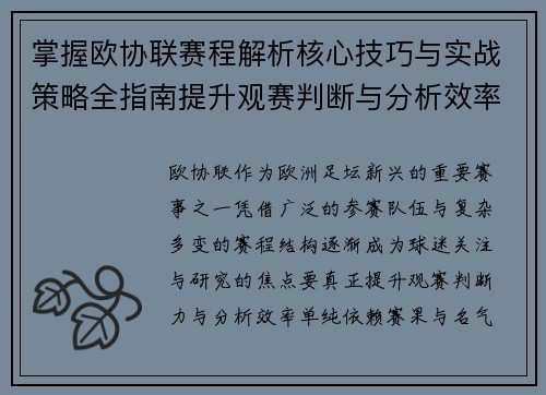 掌握欧协联赛程解析核心技巧与实战策略全指南提升观赛判断与分析效率
