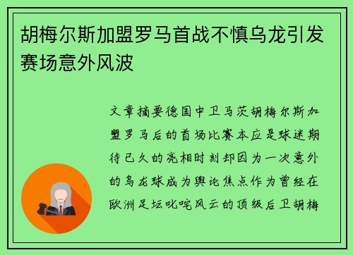 胡梅尔斯加盟罗马首战不慎乌龙引发赛场意外风波